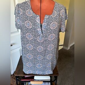 Cynthia Rowley Blue/Cream Short Sleeve Blouse